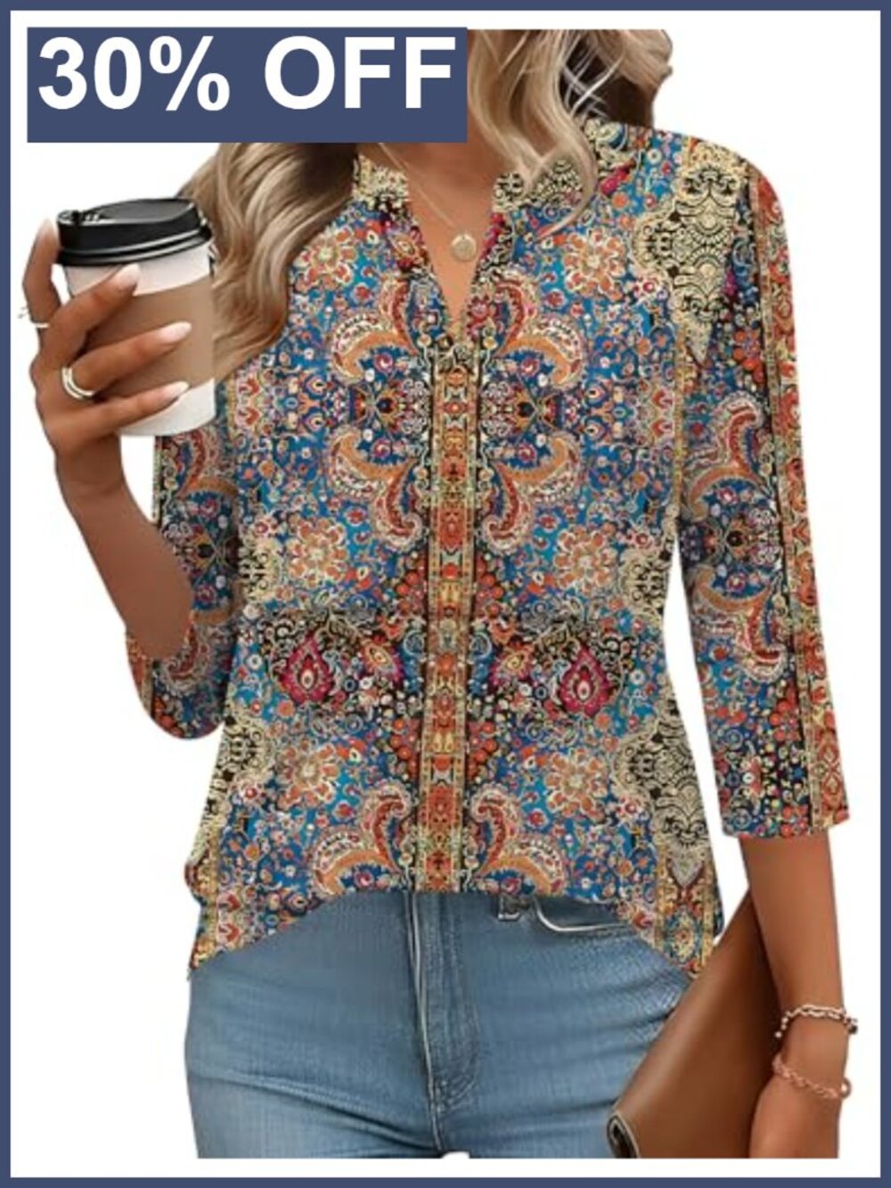 Women's 3/4 Sleeve V-Neck Tunic Blouse Floral Peasant Top